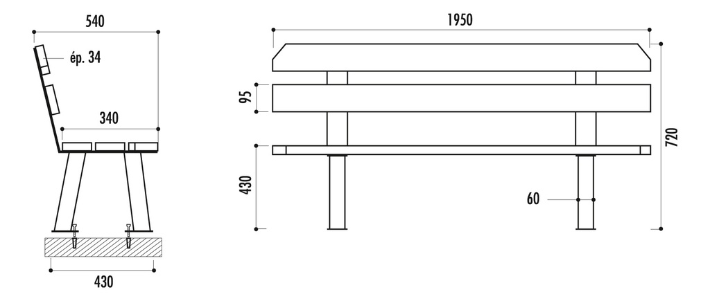 BANC PIEDS DOUBLE 195 CM PIN DU NORD TRAITÉ AUTOCLAVE