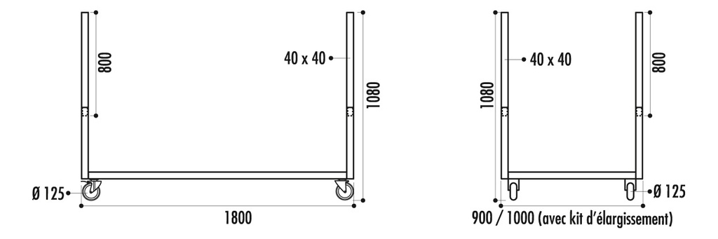 CHARIOT ROUES 120 MM BLANCHES POUR TABLES DE PLUS DE 180 CM DÉMONTABLE