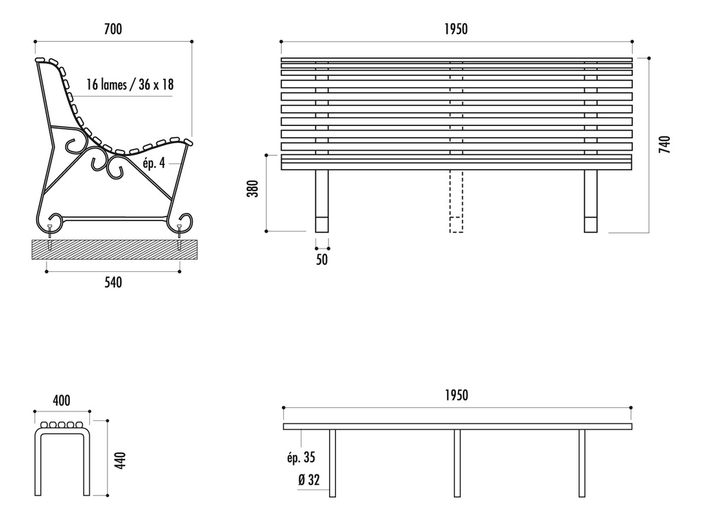 BANC SQUARE 3 PIEDS 195 CM