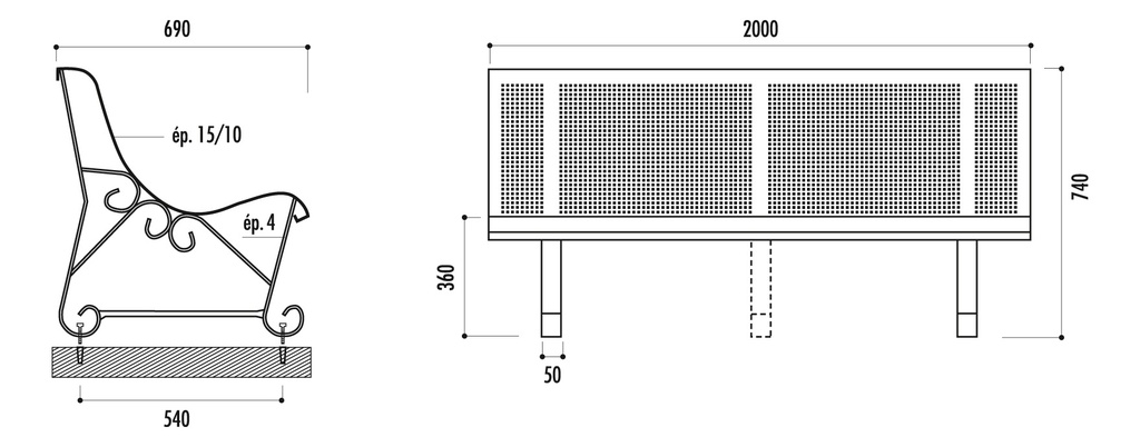 BANC TROUS CARRES 2 PIEDS 200 CM – AVEC ACCOUDOIRS
